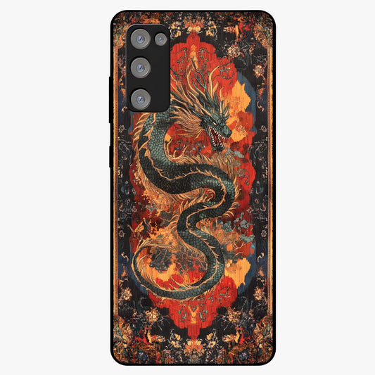 Inferno Dragon Soul Glass Case showing flat back view with fiery dragon artwork and glossy glass finish.