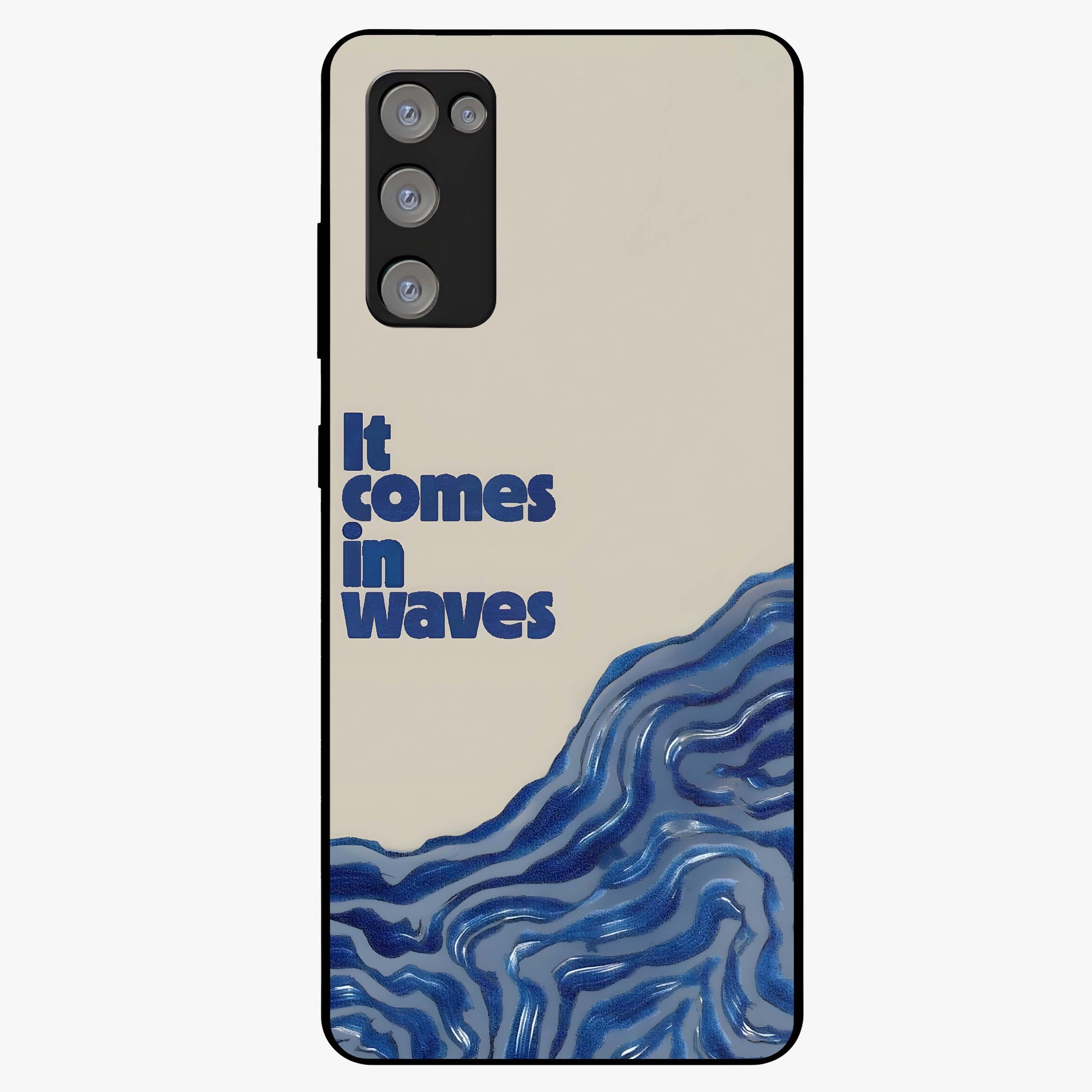 It Comes In Waves Quote Glass Case showing flat back view with inspirational wave themed quote artwork and glossy glass finish.