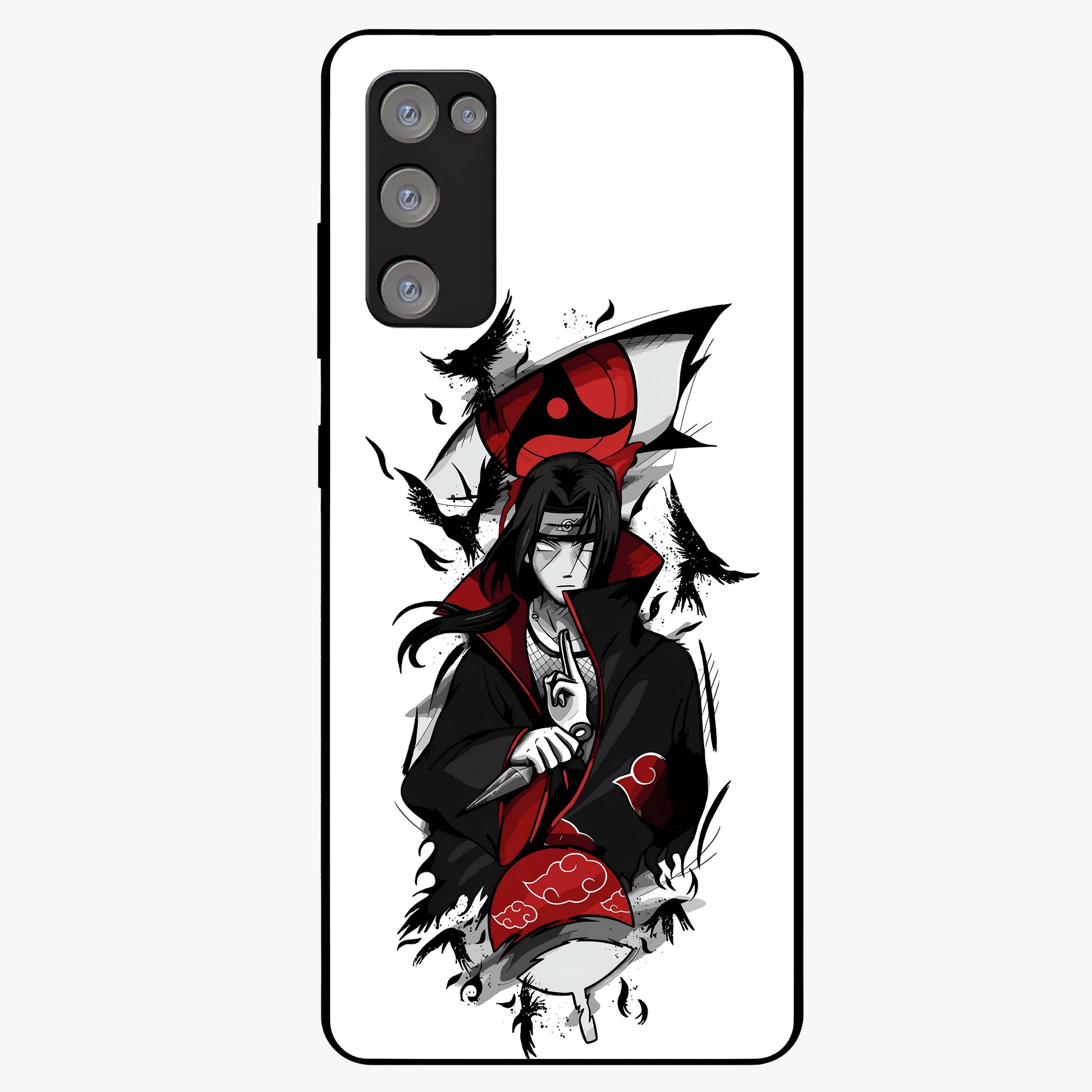 Itachi Sharingan Glass Case showing flat back view with powerful anime eye artwork and glossy glass finish.