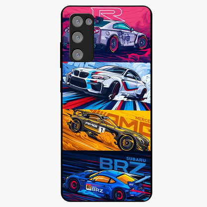 JDM Sports Car Glass Case showing flat back view with high performance sports car artwork and glossy glass finish.