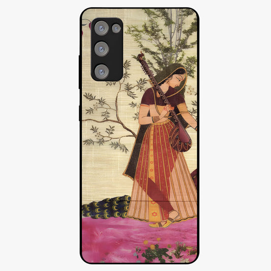 Lady With Veena Art Glass Case showing flat back view with elegant woman playing veena artwork and glossy glass finish.