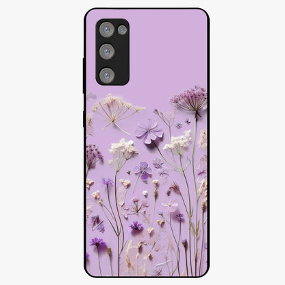 Lavender Blossom Dream Glass Case showing flat back view with soft lavender floral artwork and glossy glass finish.