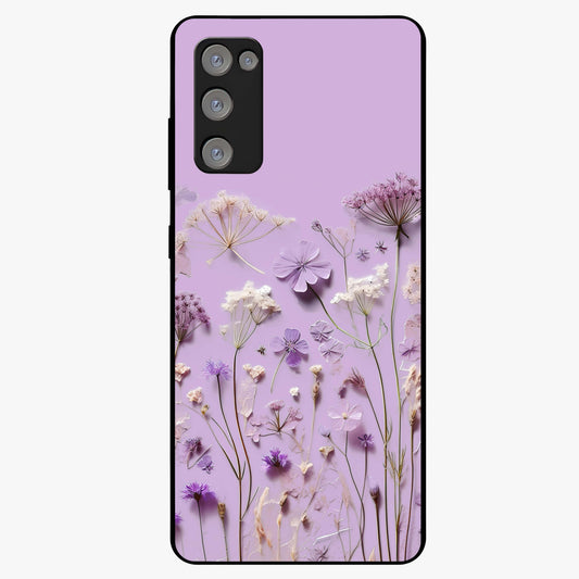 Lavender Blossom Dream Glass Case showing flat back view with soft lavender floral artwork and glossy glass finish.