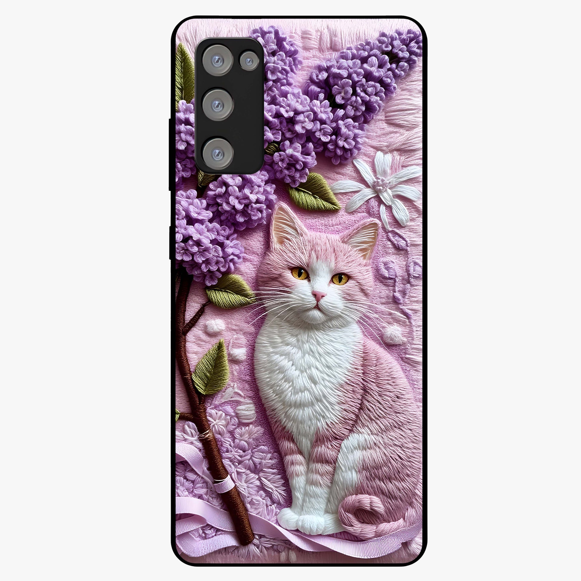 Lavender Cat Whimsy Glass Case showing flat back view with cute lavender cat artwork and glossy glass finish.