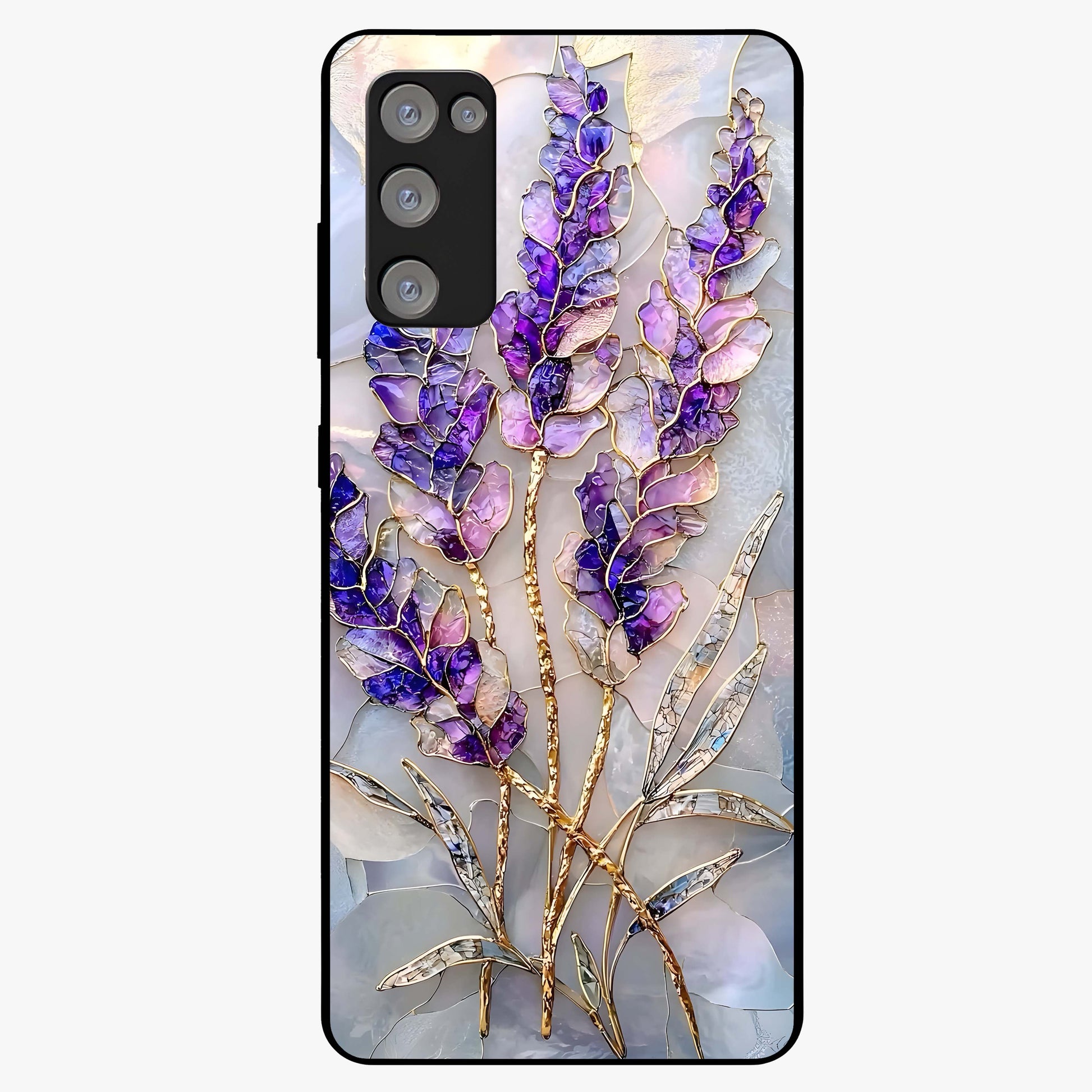 Lavender Dream Glow Glass Case showing flat back view with glowing lavender aesthetic artwork and glossy glass finish.