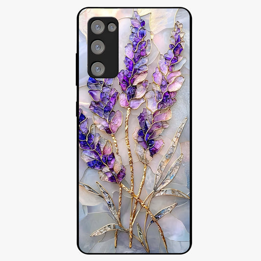 Lavender Dream Glow Glass Case showing flat back view with glowing lavender aesthetic artwork and glossy glass finish.