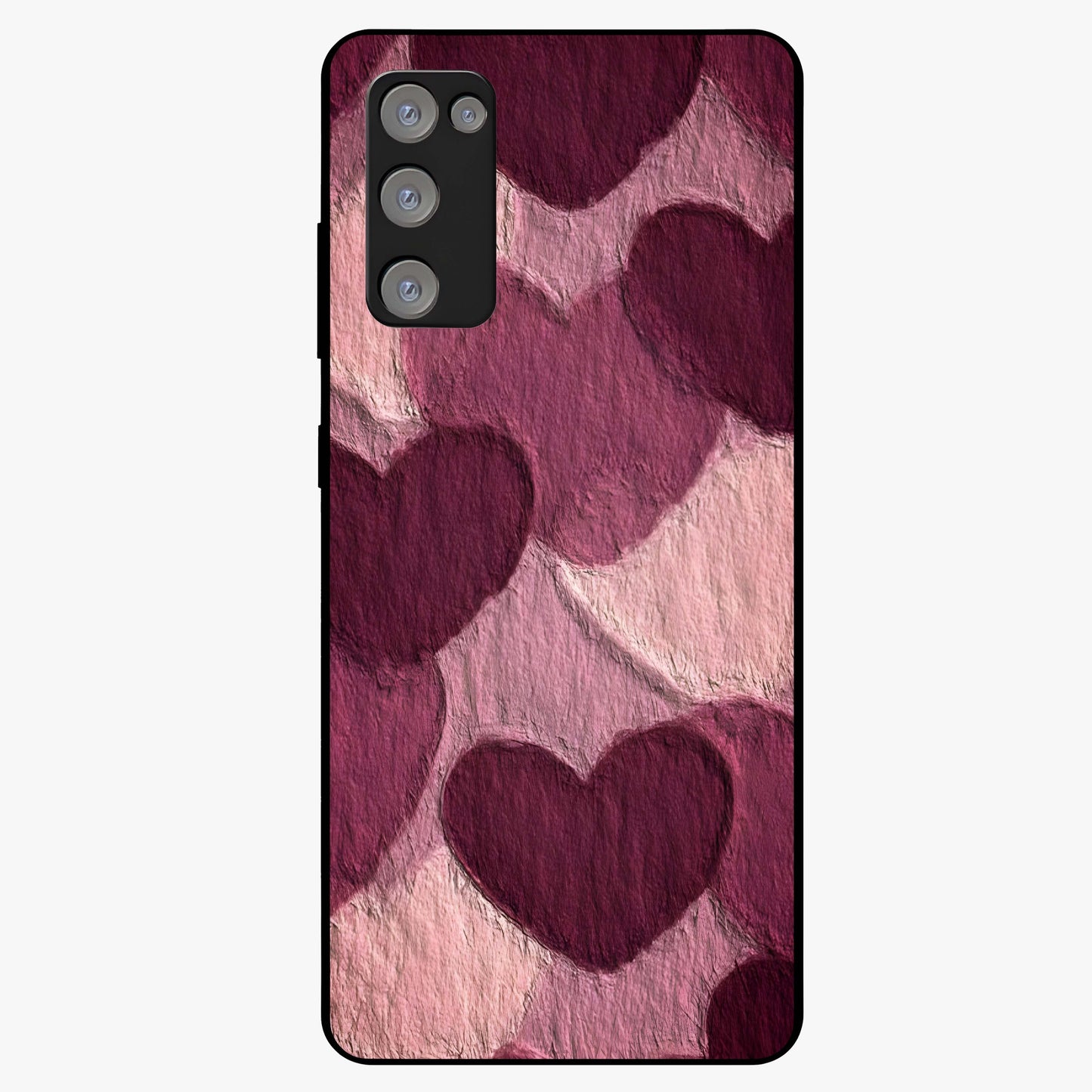 Layered Paper Hearts Glass Case showing flat back view with layered paper heart artwork and glossy glass finish.
