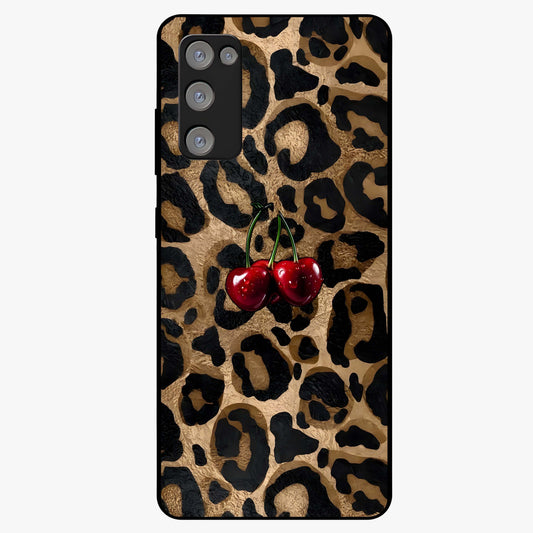 Leopard Wild Cherry Glass Case showing flat back view with leopard pattern and cherry artwork and glossy glass finish.