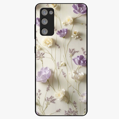 Lilac Breeze Harmony Glass Case showing flat back view with soft lilac themed artwork and glossy glass finish.