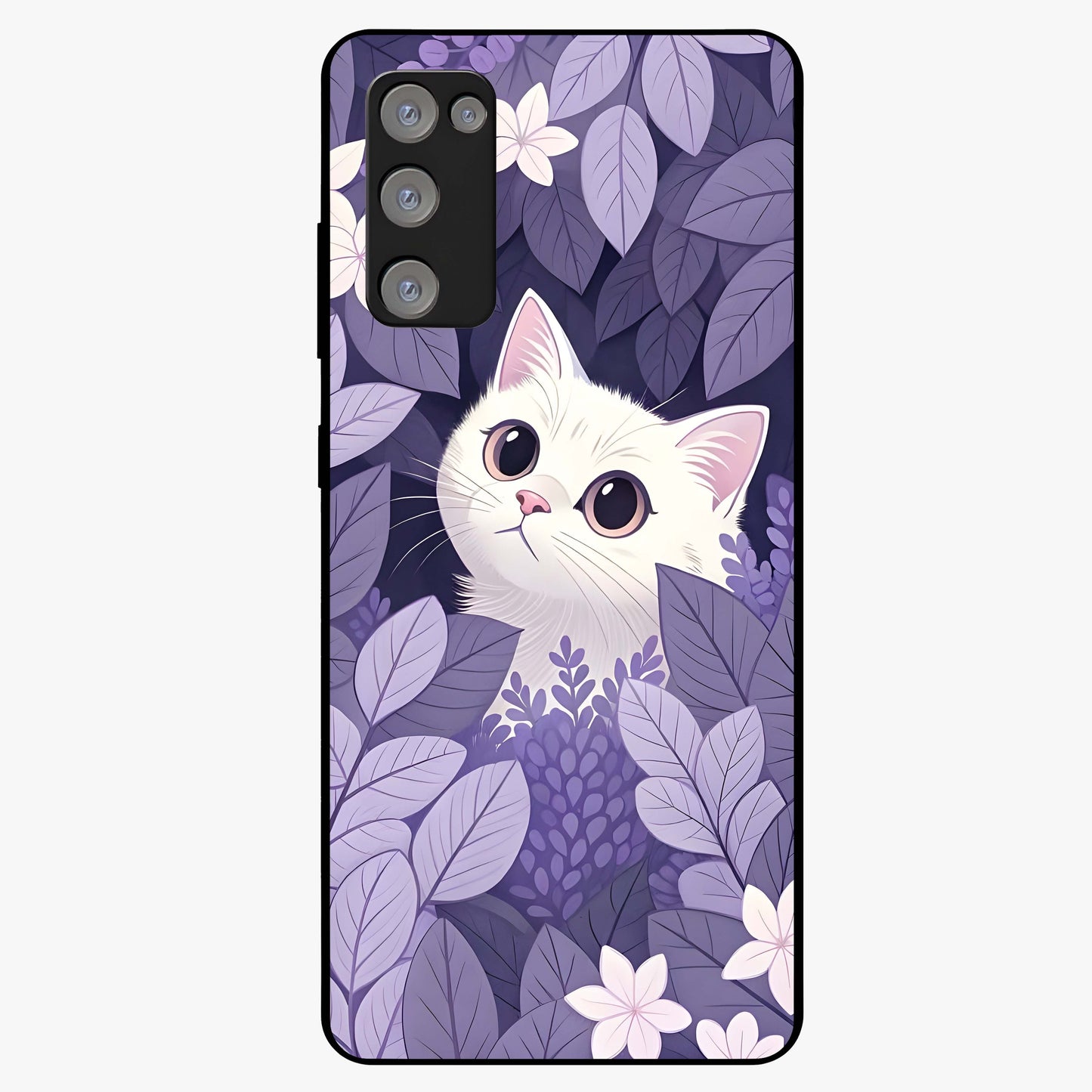 Lilac Hide Peek Cat Glass Case showing flat back view with cute peeking cat artwork and glossy glass finish.