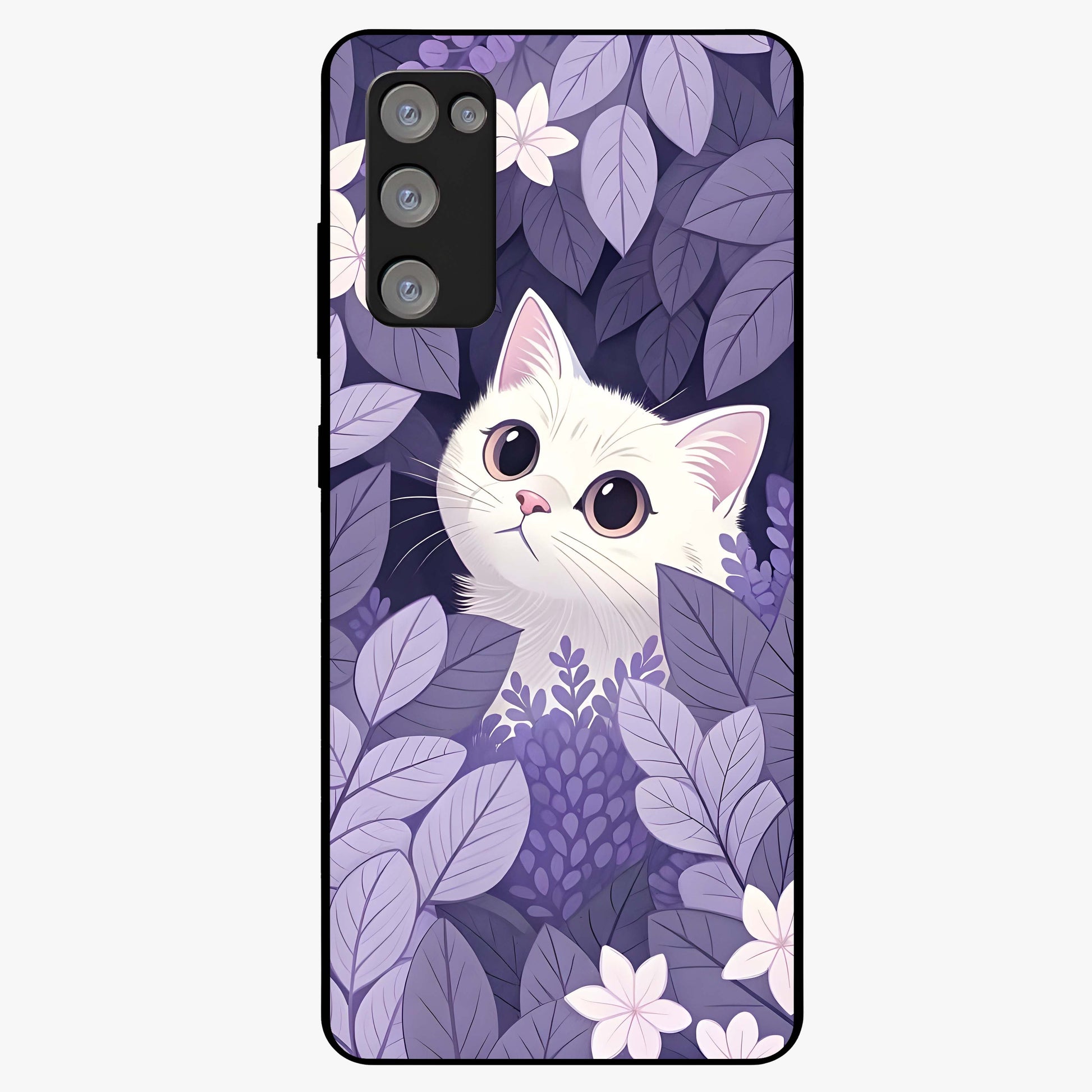 Lilac Hide Peek Cat Glass Case showing flat back view with cute peeking cat artwork and glossy glass finish.
