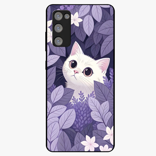Lilac Hide Peek Cat Glass Case showing flat back view with cute peeking cat artwork and glossy glass finish.