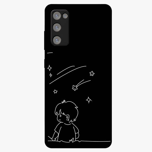 Line Art Boy With Shooting Stars Glass Case showing flat back view with minimal line art boy and shooting stars illustration and glossy glass finish.