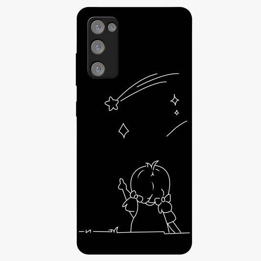 Line Art Girl With Shooting Stars Glass Case showing flat back view with minimal line art girl and shooting stars illustration and glossy glass finish.