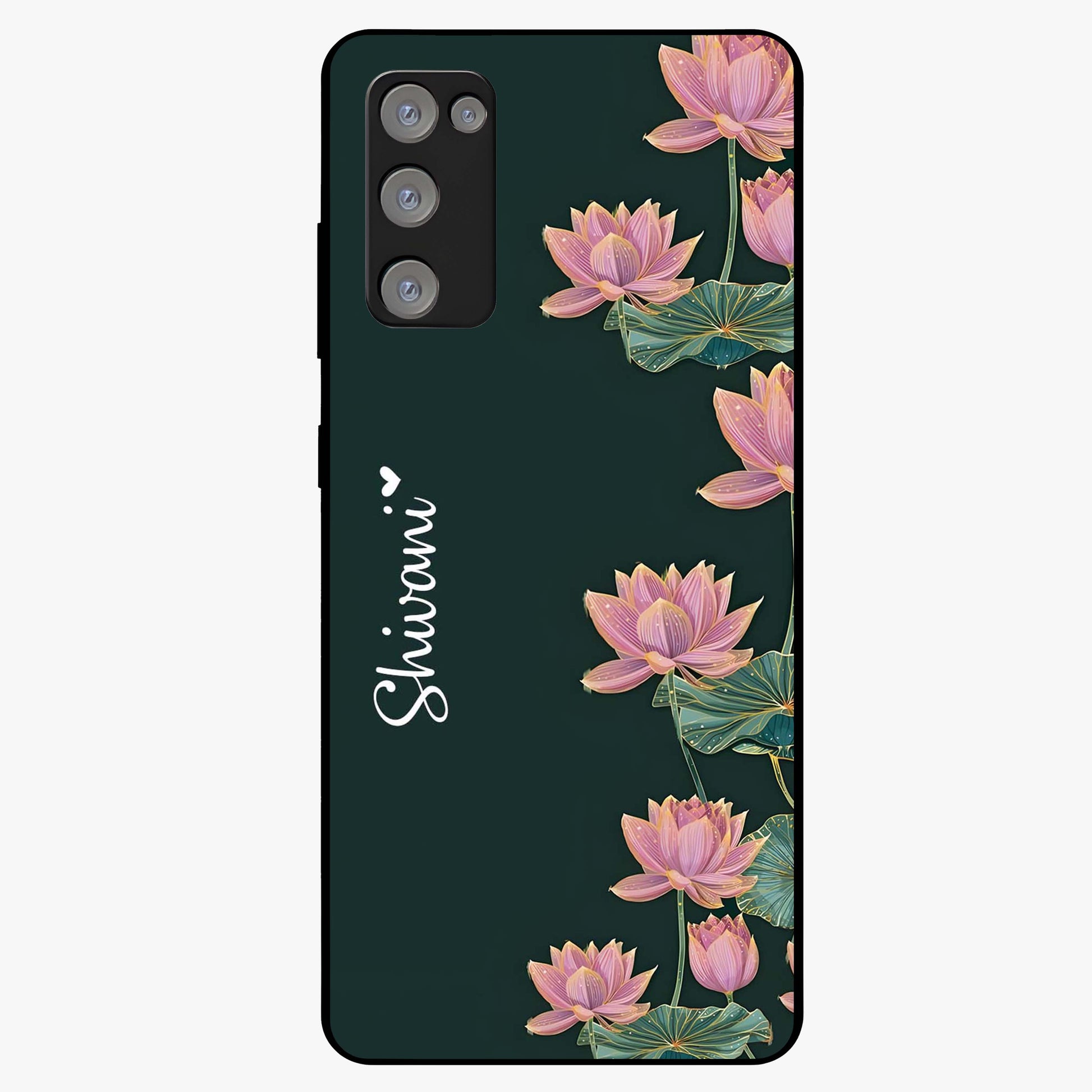 Lotus Bloom Serenity Custom Name Glass Case showing flat back view with elegant lotus flower artwork and personalized name design.