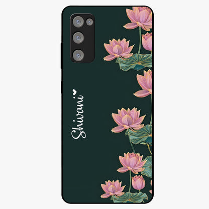 Lotus Bloom Serenity Custom Name Glass Case showing flat back view with elegant lotus flower artwork and personalized name design.