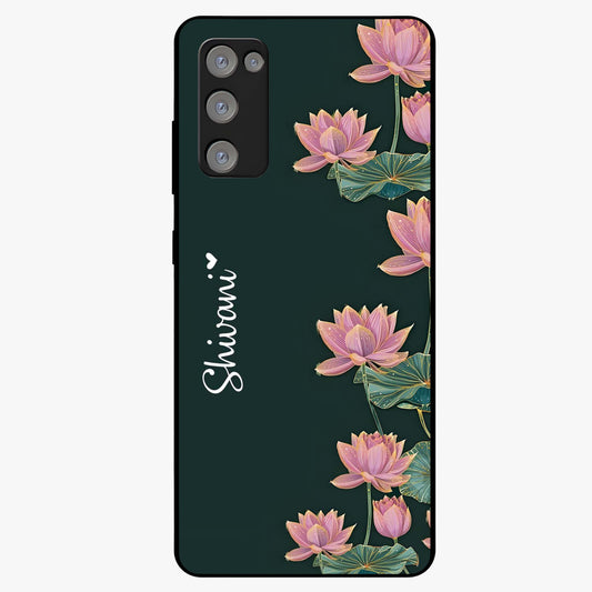 Lotus Bloom Serenity Custom Name Glass Case showing flat back view with elegant lotus flower artwork and personalized name design.