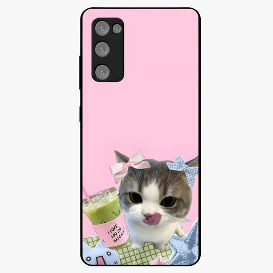 Love Matcha Cat Glass Case showing flat back view with cute cat and matcha themed artwork and glossy glass finish.