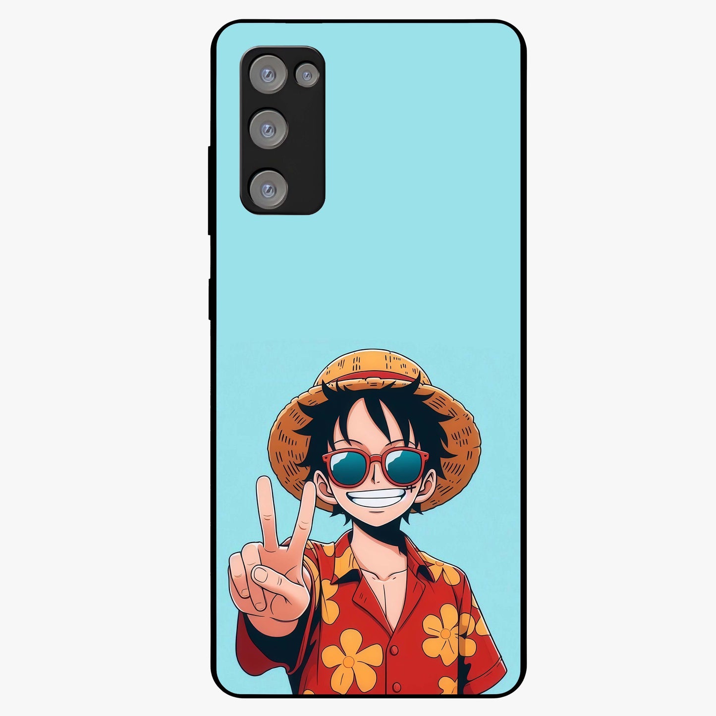 Luffy Summer Anime Vibe Glass Case showing flat back view with vibrant anime character artwork and glossy glass finish.