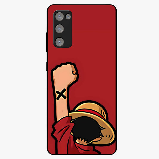 Luffy X Spirit Glass Case showing flat back view with bold anime character artwork and glossy glass finish.