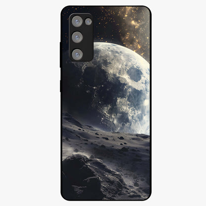 Lunar Horizon Glow Glass Case showing flat back view with glowing moon horizon artwork and glossy glass finish.