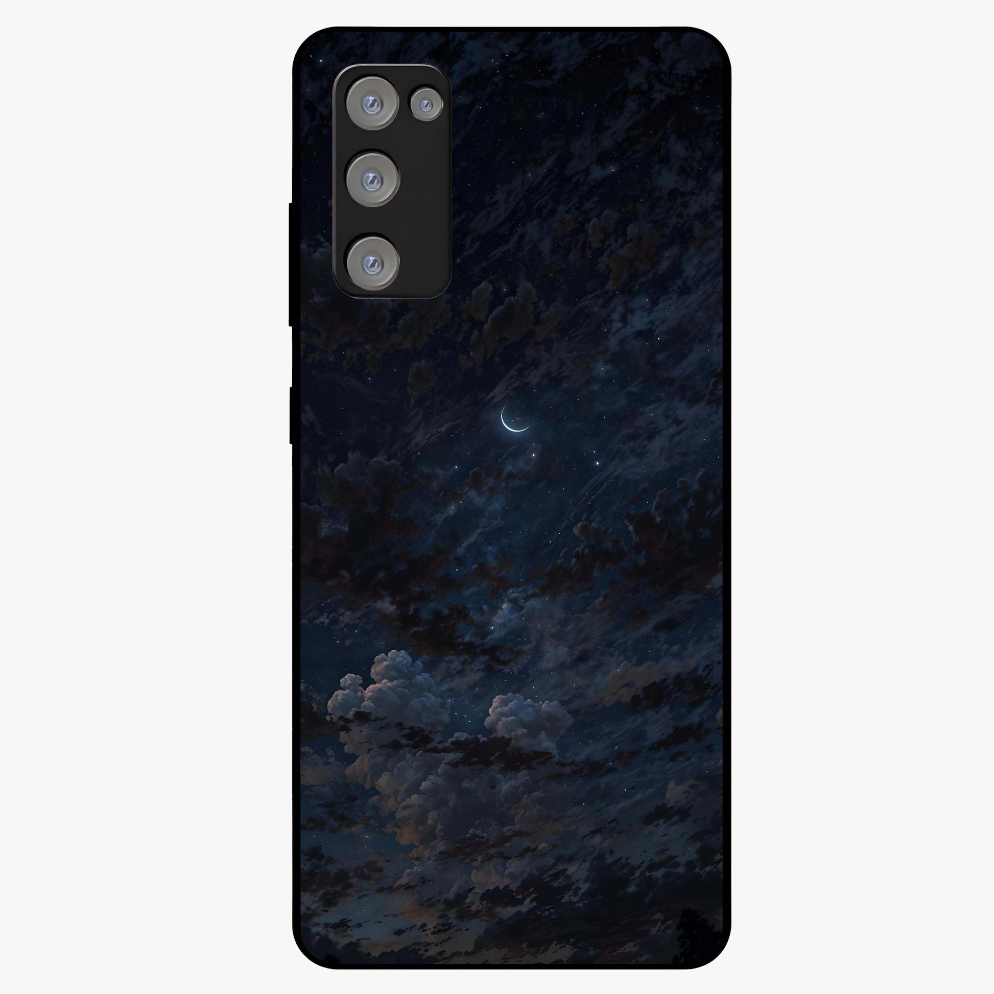 Lunar Veil Silence Glass Case showing flat back view with mystical moon veil artwork and glossy glass finish.