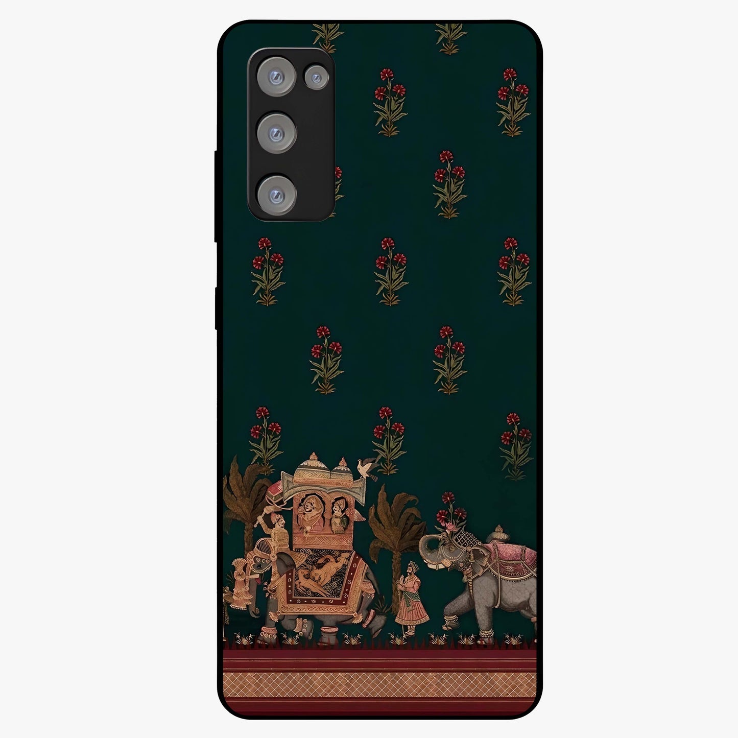 Macmerise Glass Case showing flat back view with stylish modern artwork and glossy glass finish.