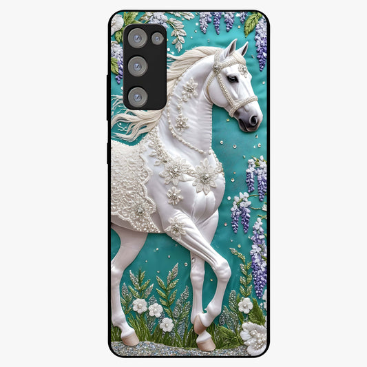 Majestic Floral Stallion Glass Case showing flat back view with powerful horse and floral artwork and glossy glass finish.