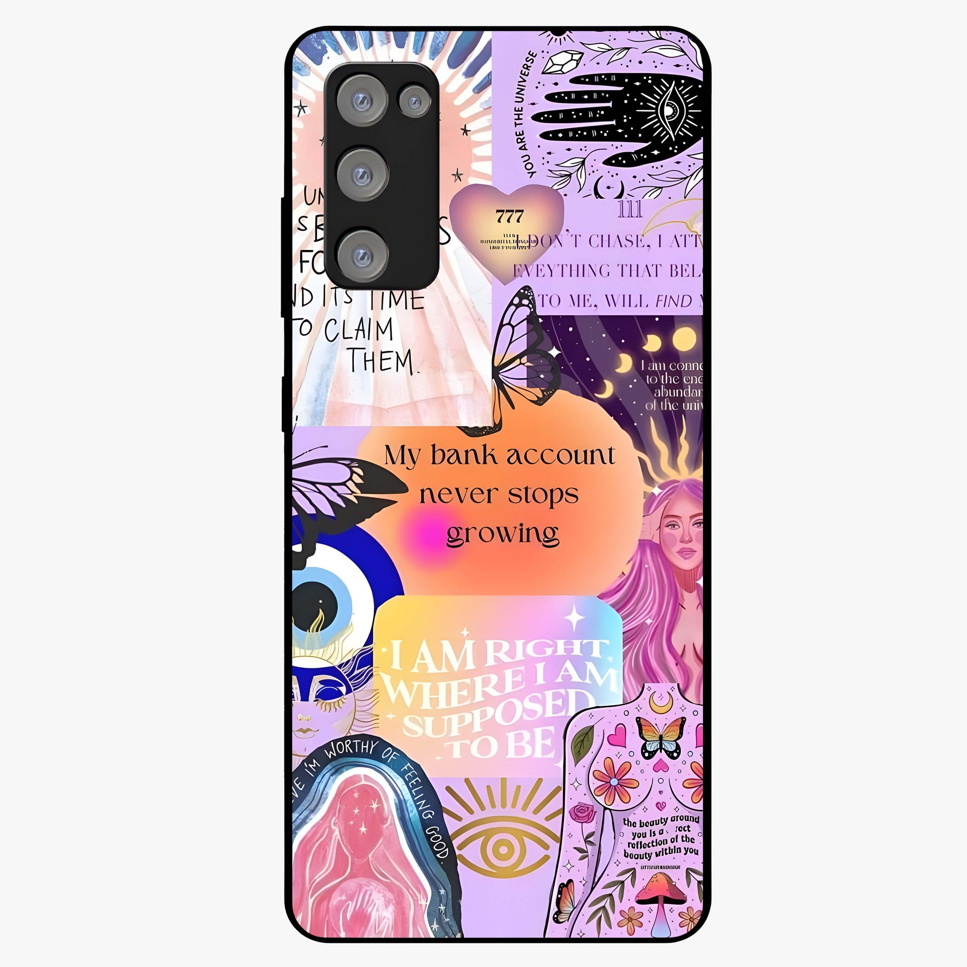 Manifestation Collage Glass Case showing flat back view with motivational collage artwork and glossy glass finish.