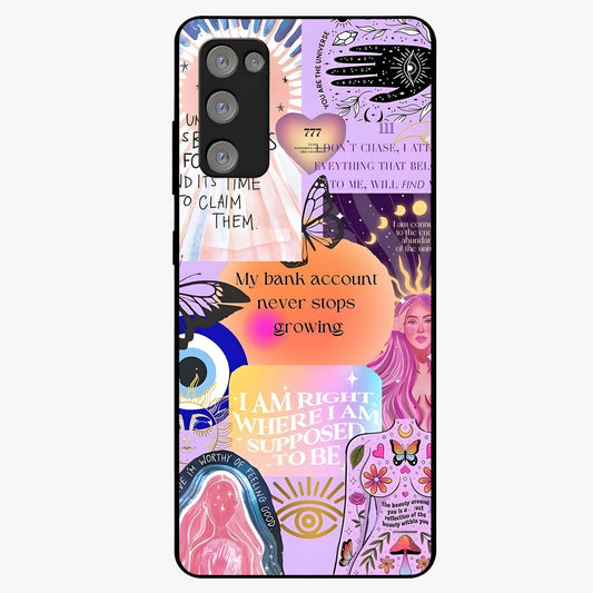 Manifestation Collage Glass Case showing flat back view with motivational collage artwork and glossy glass finish.