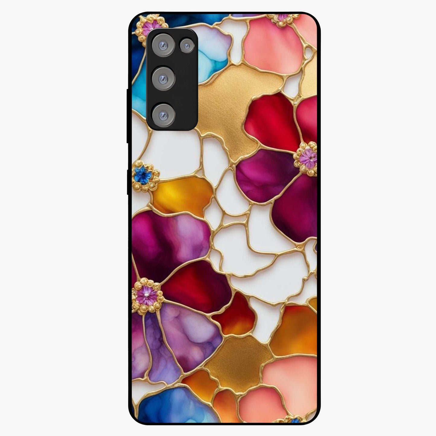 Marble Flower Pattern Glass Case showing flat back view with marble texture floral artwork and glossy glass finish.