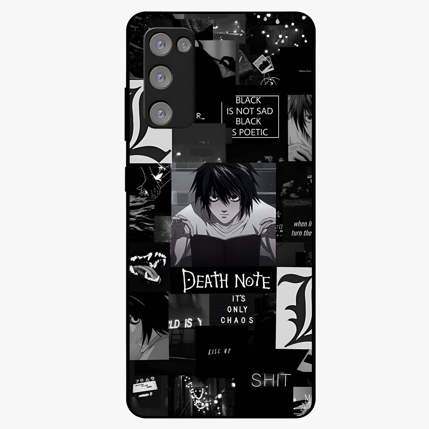 Midnight Chaos Mind Glass Case showing flat back view with abstract dark themed artwork and glossy glass finish.