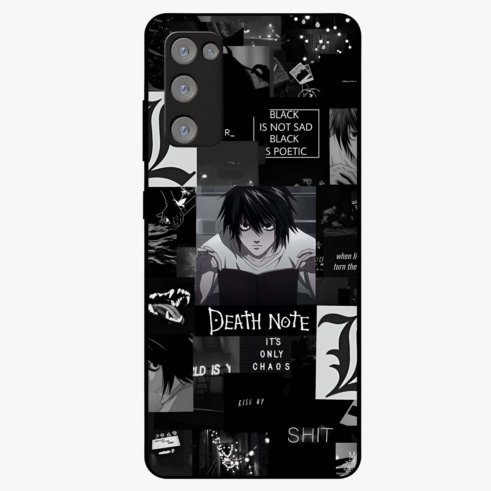 Midnight Chaos Mind Glass Case showing flat back view with abstract dark themed artwork and glossy glass finish.