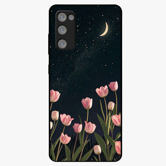 Midnight Tulip Whispers Vibe Glass Case showing flat back view with elegant tulip flower artwork and glossy glass finish.
