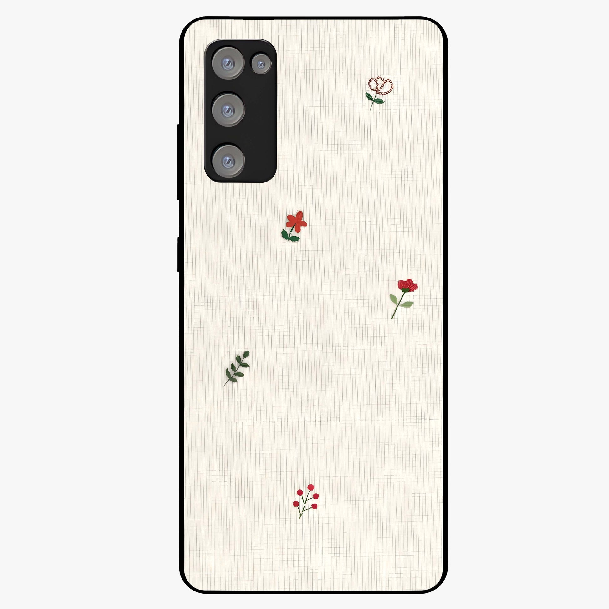 Minimal Petal Whispers Glass Case showing flat back view with soft minimal floral artwork and glossy glass finish.