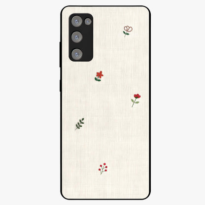 Minimal Petal Whispers Glass Case showing flat back view with soft minimal floral artwork and glossy glass finish.
