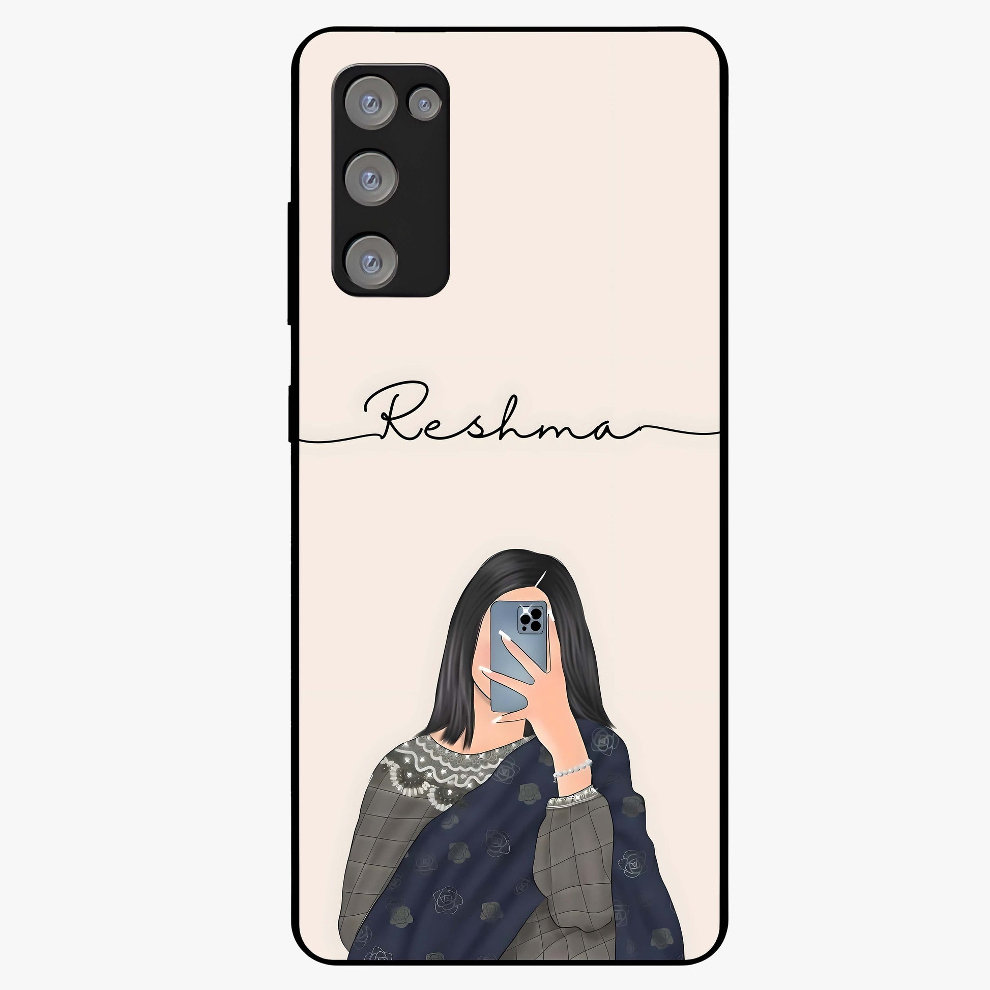 Mirror Mood Muse With Custom Name Glass Case showing flat back view with stylish mirrored artwork and personalized name design.