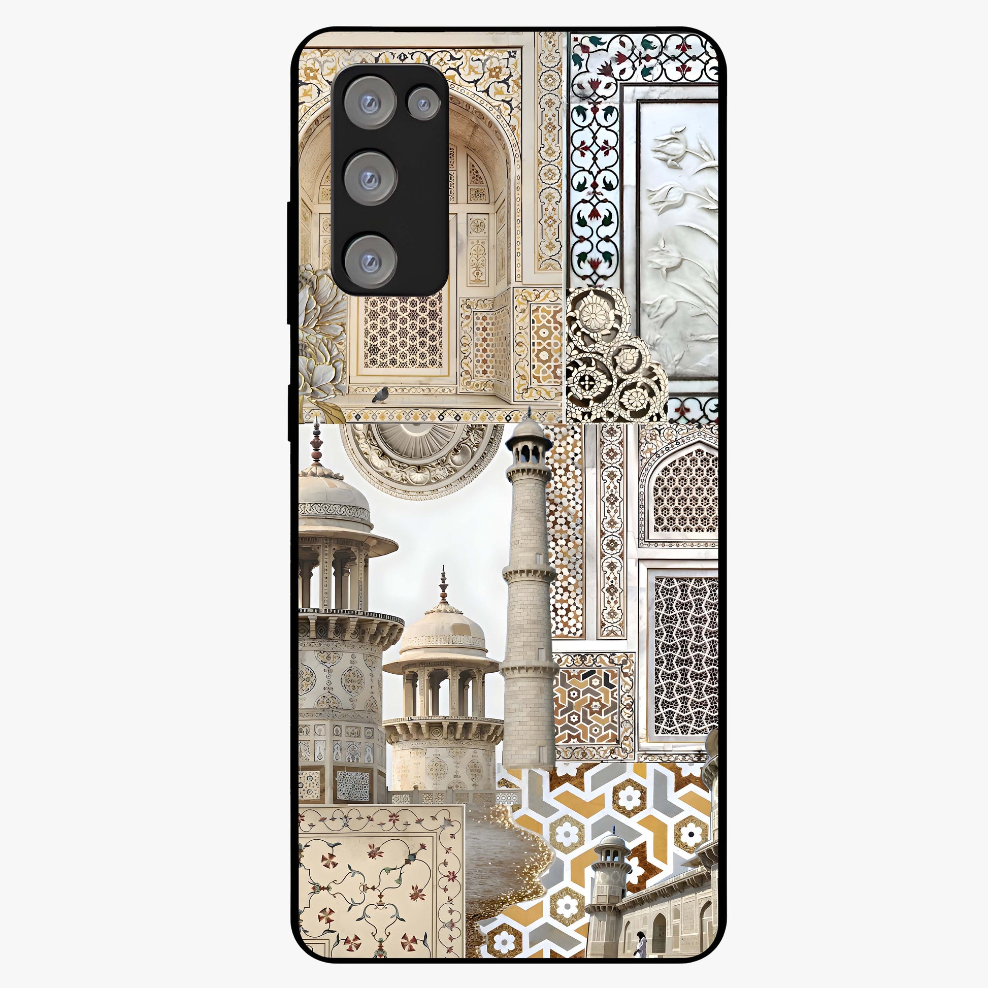 Mughal Marble Legacy Glass Case showing flat back view with intricate Mughal inspired marble pattern and glossy glass finish.