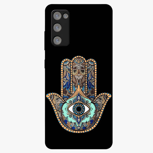 Mystic Hamsa Eye Glass Case showing flat back view with protective hamsa hand and evil eye artwork and glossy glass finish.
