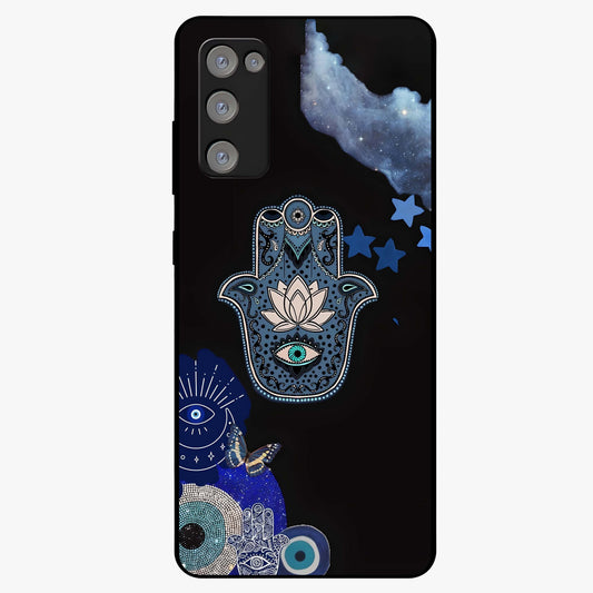 Mystic Hand Aura Glass Case showing flat back view with mystical hand symbol artwork and glossy glass finish.