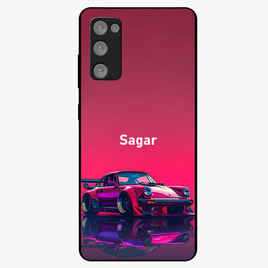 Neon Pink Porsche Glass Case showing flat back view with stylish sports car artwork and glossy glass finish.