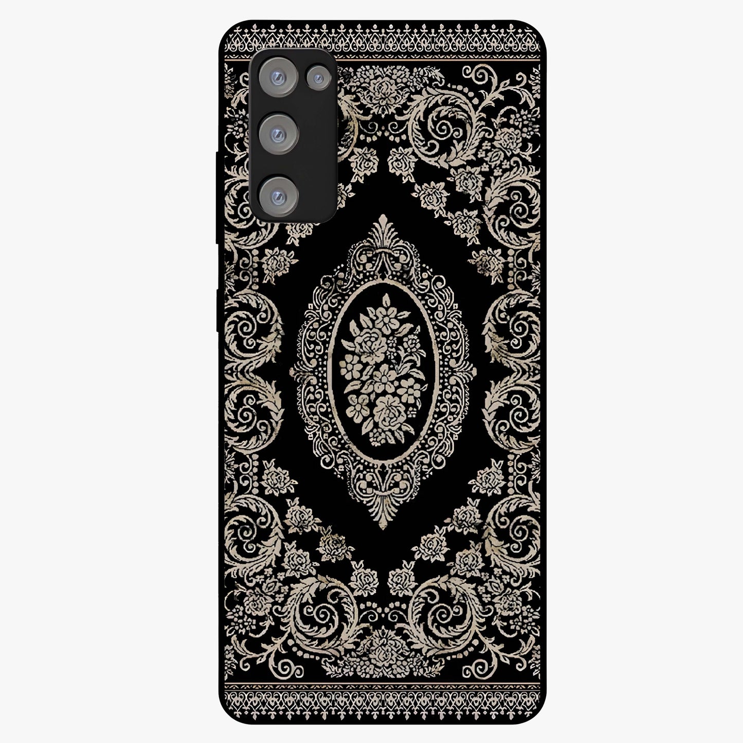 Noir Bloom Elegance Glass Case showing flat back view with elegant dark floral artwork and glossy glass finish.