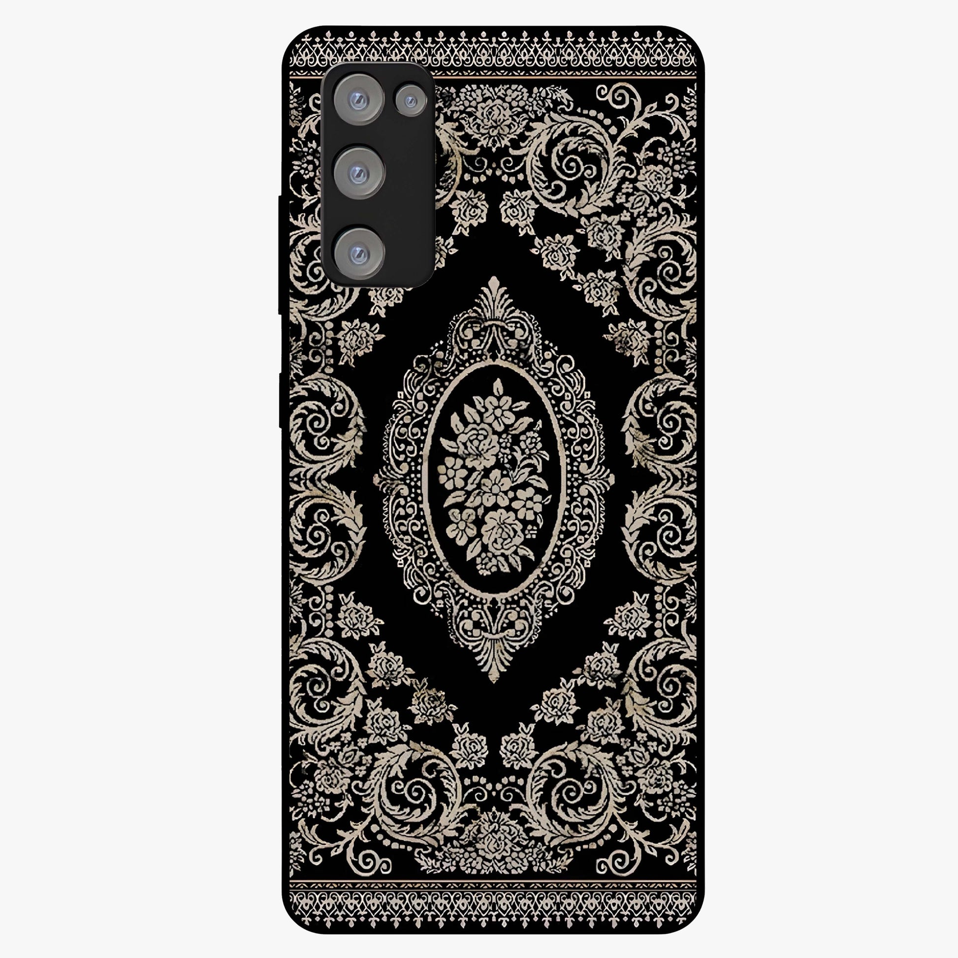 Noir Bloom Elegance Glass Case showing flat back view with elegant dark floral artwork and glossy glass finish.