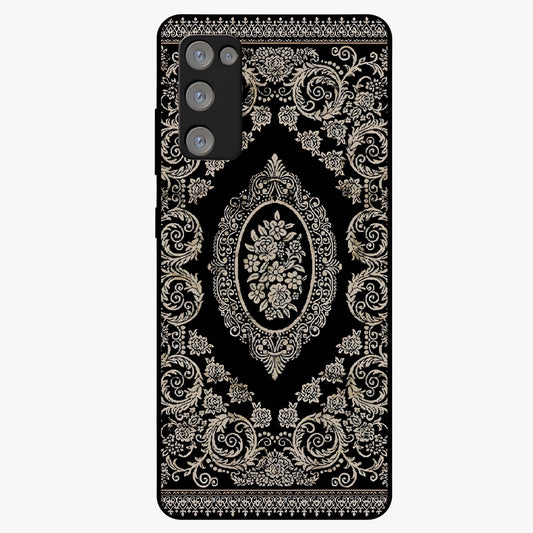 Noir Bloom Elegance Glass Case showing flat back view with elegant dark floral artwork and glossy glass finish.