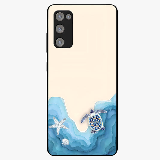 Ocean Drift Turtle Glass Case showing flat back view with sea turtle artwork and glossy glass finish.
