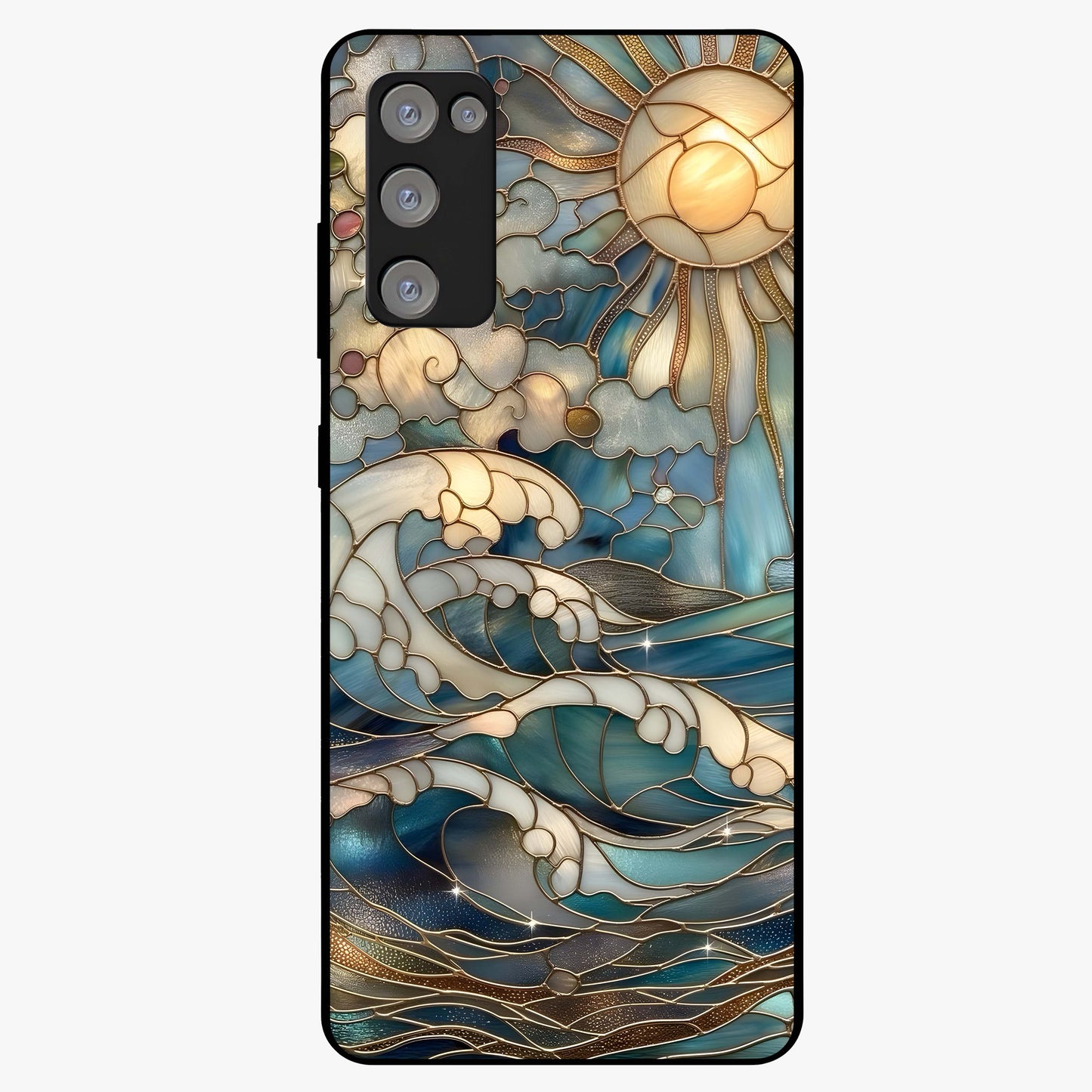 Oceanic Stained Printed Glass Case showing flat back view with ocean inspired stained pattern artwork and glossy glass finish.