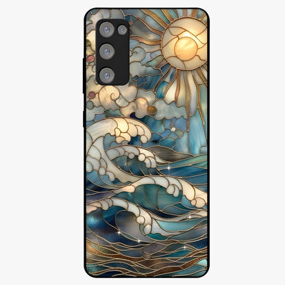 Oceanic Stained Printed Glass Case showing flat back view with ocean inspired stained pattern artwork and glossy glass finish.