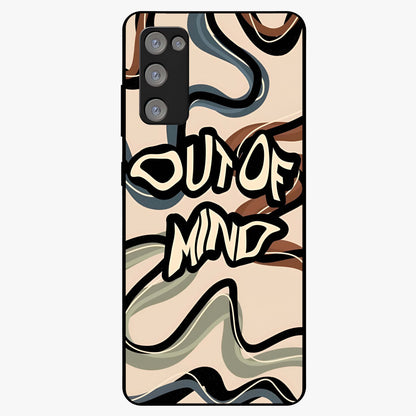 Out Of Mind Glass Case showing flat back view with expressive typography artwork and glossy glass finish.