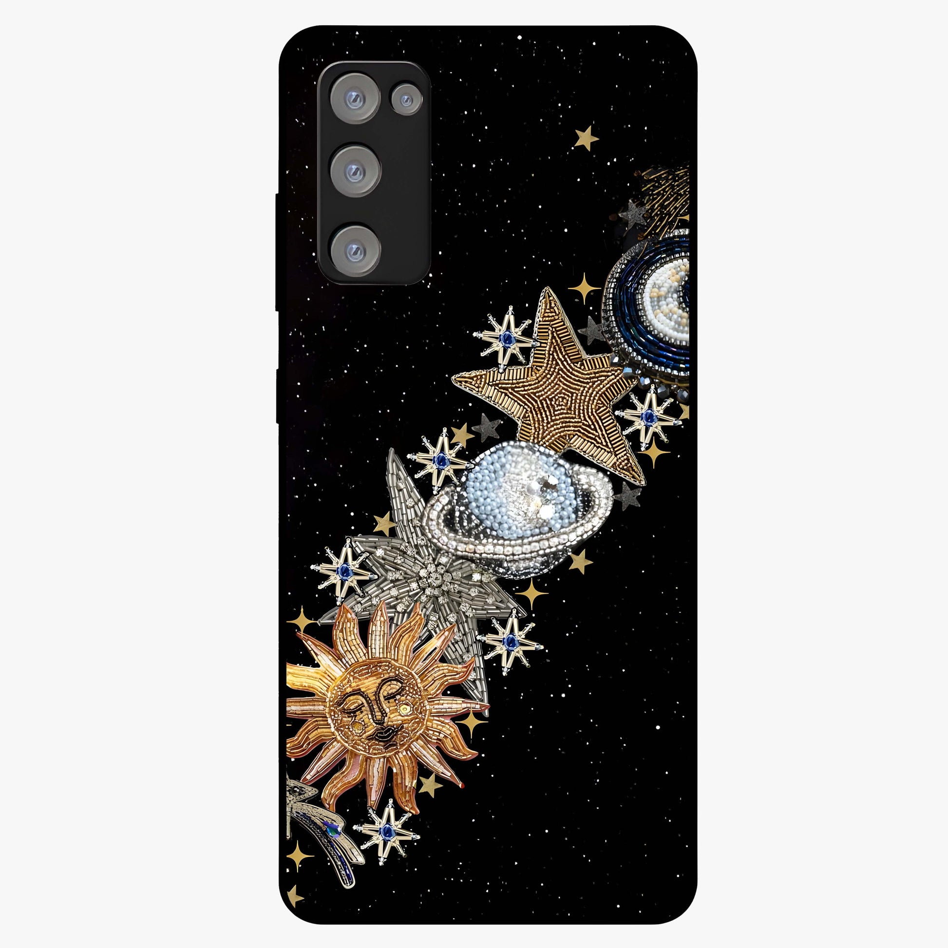 Pearls Universe Object Glass Case showing flat back view with pearl inspired cosmic artwork and glossy glass finish.