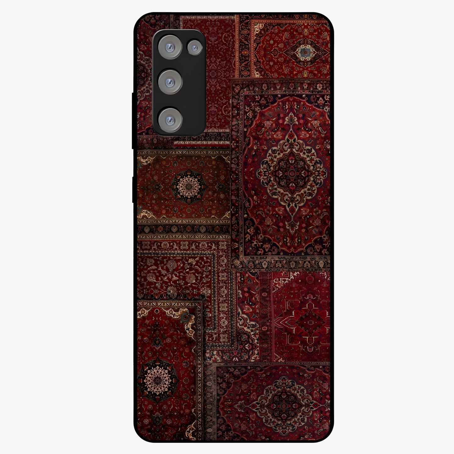 Persian Velvet Tale Glass Case showing flat back view with luxurious Persian velvet pattern artwork and glossy glass finish.